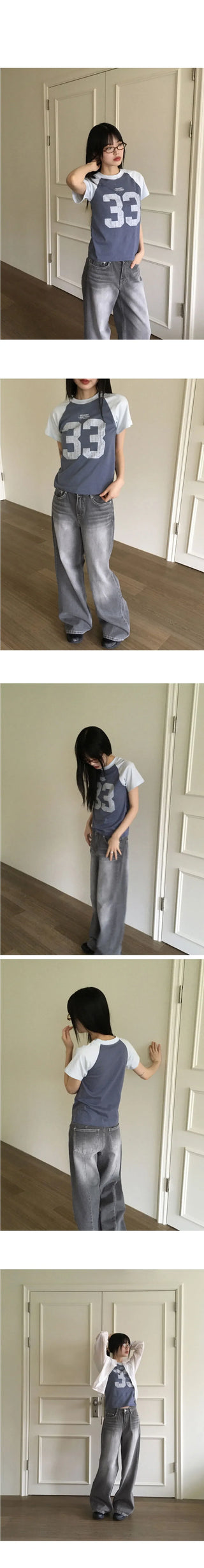 33 color combination printed semi-crop short-sleeved T-shirt