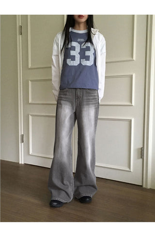 Watton back Split Faded gray long wide denim pants