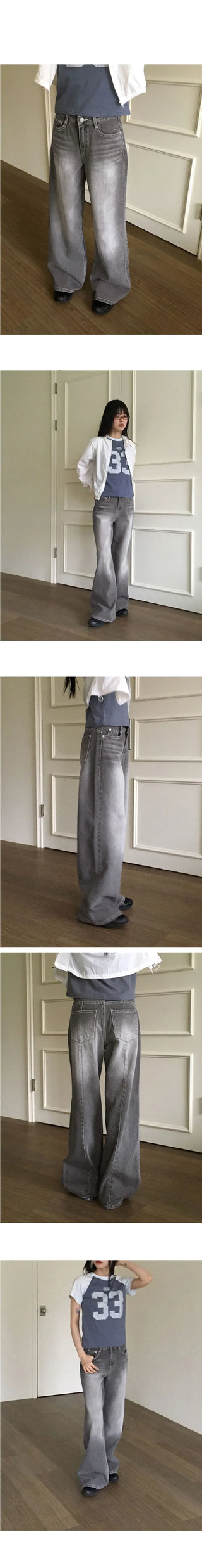 Watton back Split Faded gray long wide denim pants