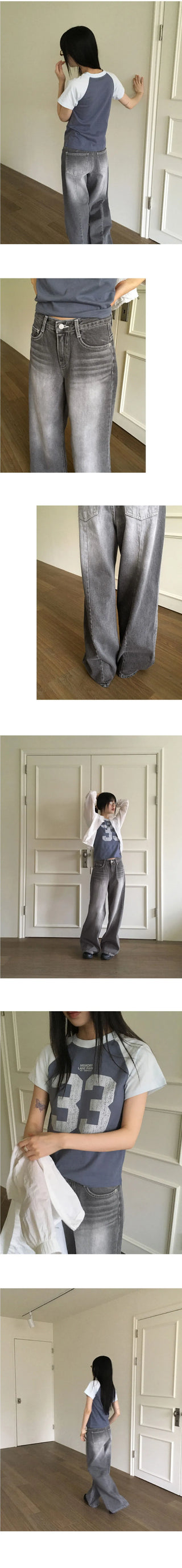 Watton back Split Faded gray long wide denim pants