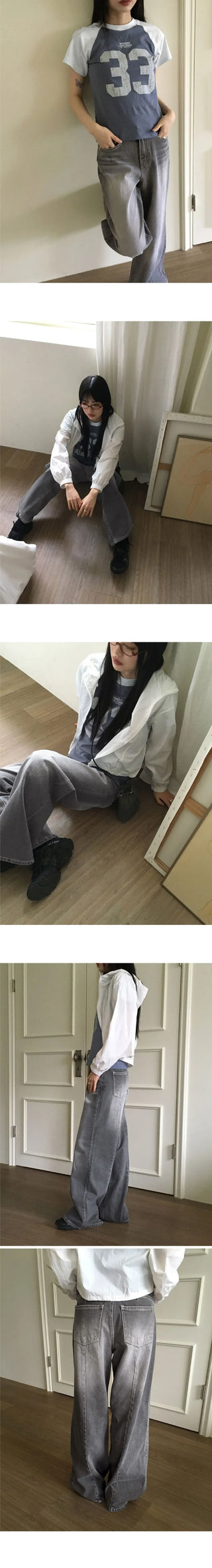 Watton back Split Faded gray long wide denim pants