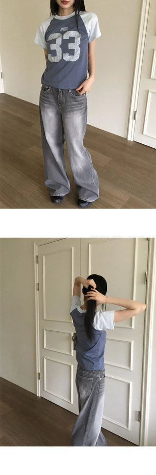 Watton back Split Faded gray long wide denim pants