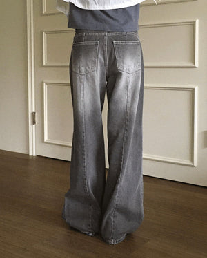 Watton back Split Faded gray long wide denim pants