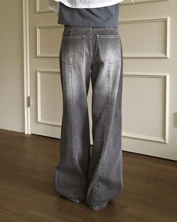 Watton back Split Faded gray long wide denim pants
