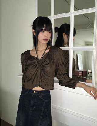 Desop satin pleated ribbon string two-way blouse