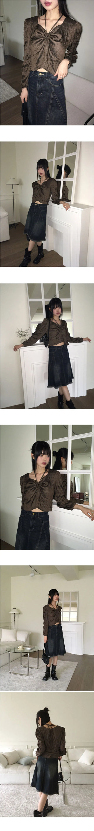 Desop satin pleated ribbon string two-way blouse