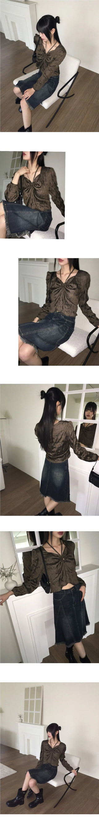 Desop satin pleated ribbon string two-way blouse