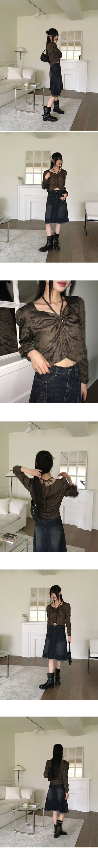 Desop satin pleated ribbon string two-way blouse