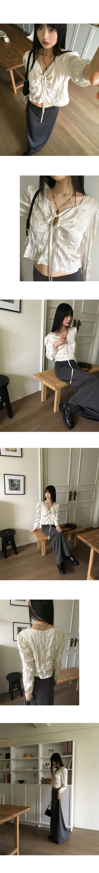 Desop satin pleated ribbon string two-way blouse