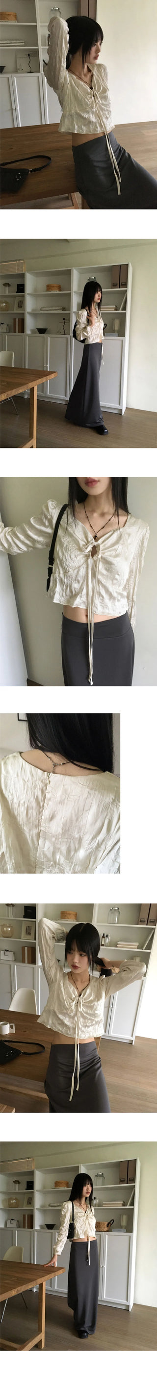 Desop satin pleated ribbon string two-way blouse