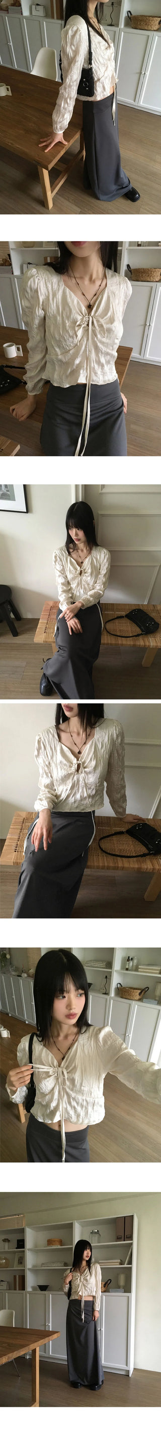 Desop satin pleated ribbon string two-way blouse