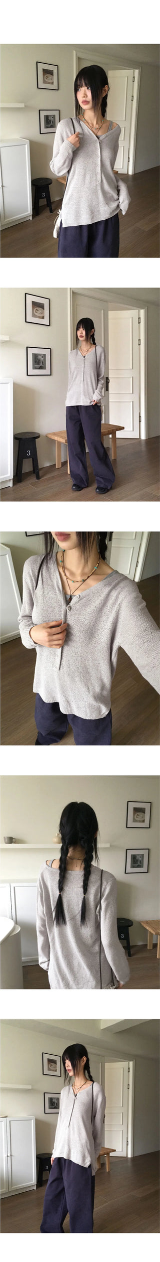 Belky Half Button Henley Neck Boucle Long Sleeve Knitwear