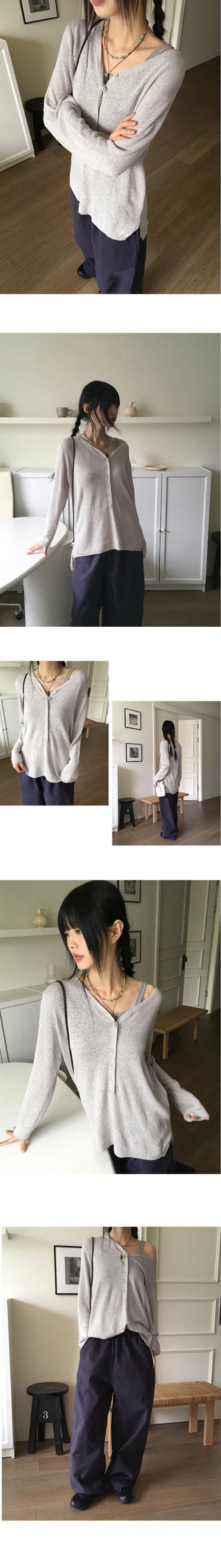 Belky Half Button Henley Neck Boucle Long Sleeve Knitwear