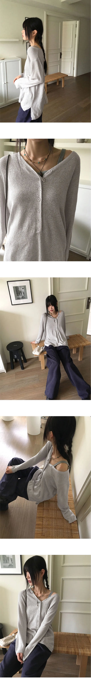 Belky Half Button Henley Neck Boucle Long Sleeve Knitwear