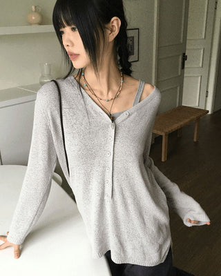 Belky Half Button Henley Neck Boucle Long Sleeve Knitwear