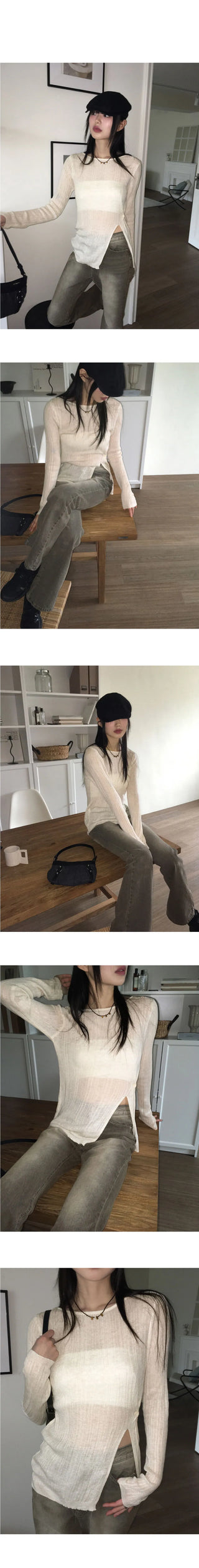 Low heel button slit ribbed Ribbed long sleeve Knitwear