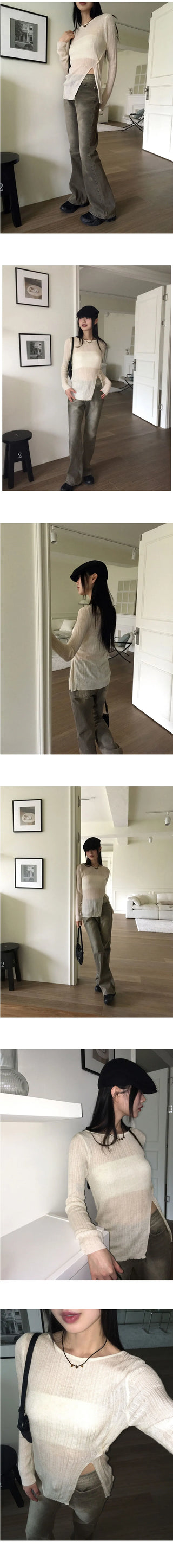 Low heel button slit ribbed Ribbed long sleeve Knitwear