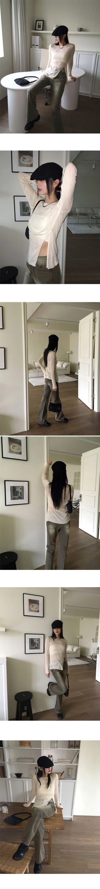 Low heel button slit ribbed Ribbed long sleeve Knitwear