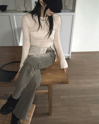 Low heel button slit ribbed Ribbed long sleeve Knitwear