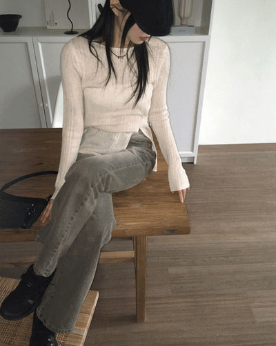 Low heel button slit ribbed Ribbed long sleeve Knitwear