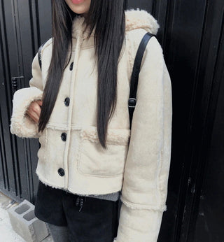 Harbin Pogle Suede Shearling Hooded Short Coat