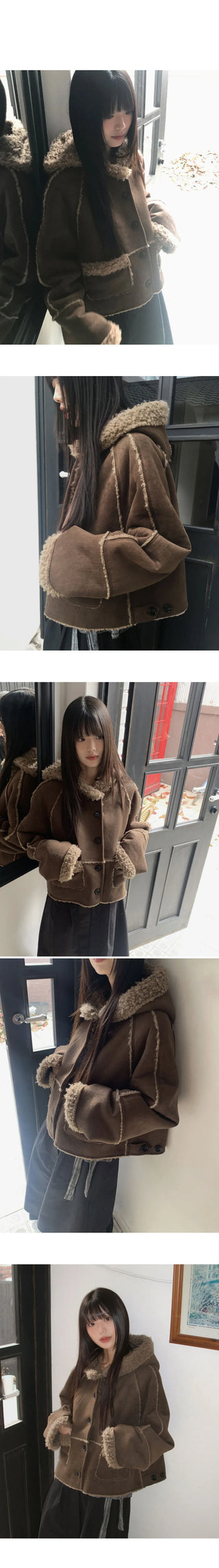 Harbin Pogle Suede Shearling Hooded Short Coat