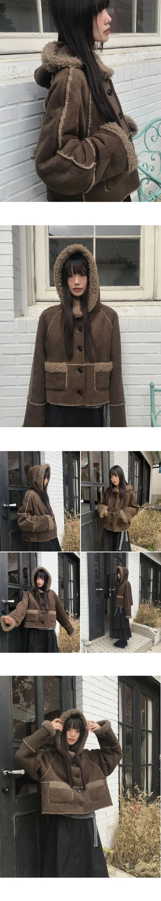 Harbin Pogle Suede Shearling Hooded Short Coat