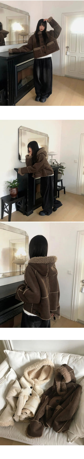 Harbin Pogle Suede Shearling Hooded Short Coat