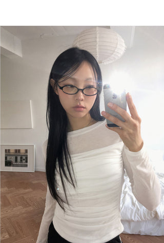 Rukin shirring top layered see-through long sleeve t-shirt