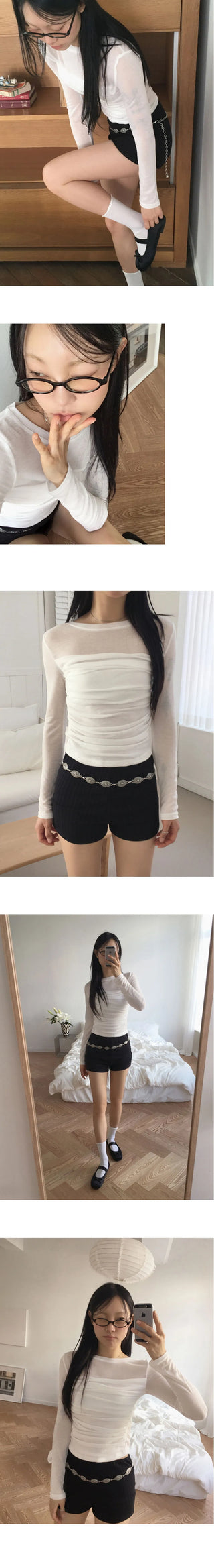 Rukin shirring top layered see-through long sleeve t-shirt