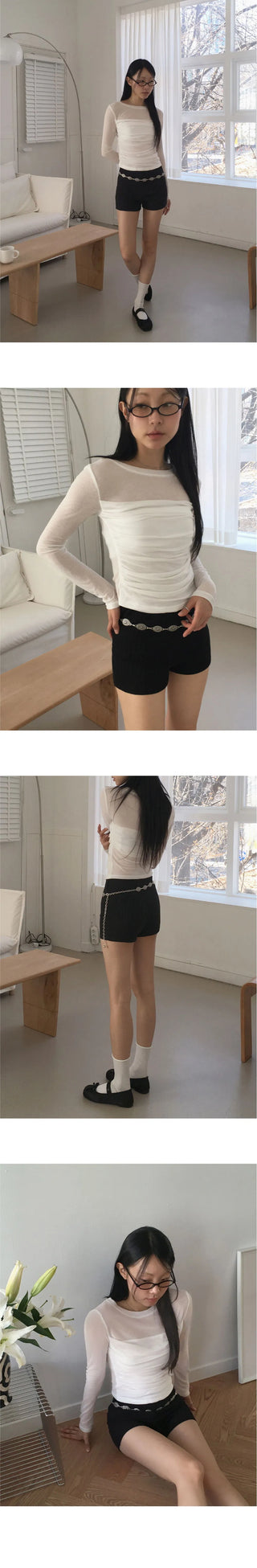 Rukin shirring top layered see-through long sleeve t-shirt