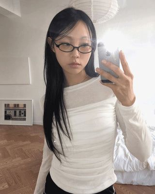 Rukin shirring top layered see-through long sleeve t-shirt