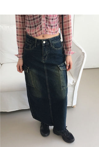 Toku Vintage Faded Cargo Denim Long Skirt