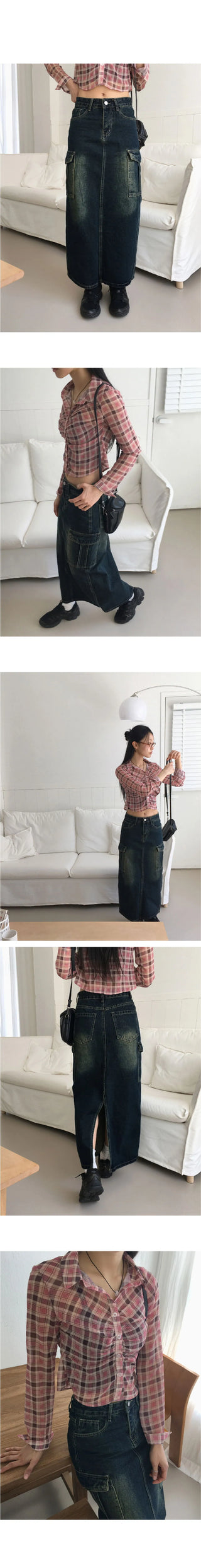 Toku Vintage Faded Cargo Denim Long Skirt