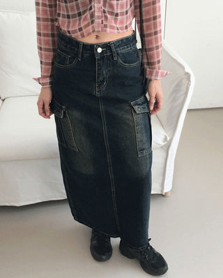 Toku Vintage Faded Cargo Denim Long Skirt