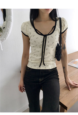 Candy flower color scheme pattern ribbon string puff crop short sleeve T-shirt