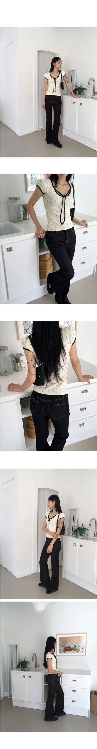 Candy flower color scheme pattern ribbon string puff crop short sleeve T-shirt