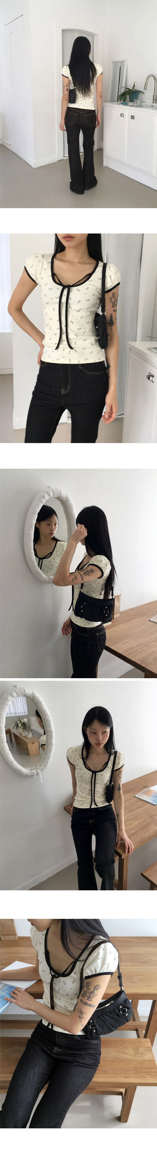 Candy flower color scheme pattern ribbon string puff crop short sleeve T-shirt