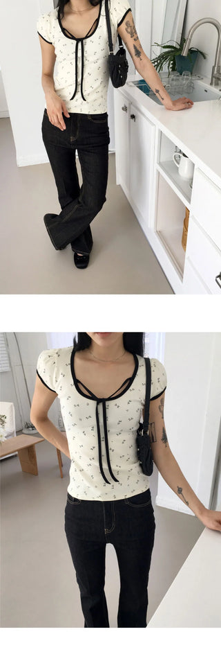 Candy flower color scheme pattern ribbon string puff crop short sleeve T-shirt