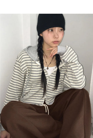 Ternet color striped two-way waffle hood zip-up