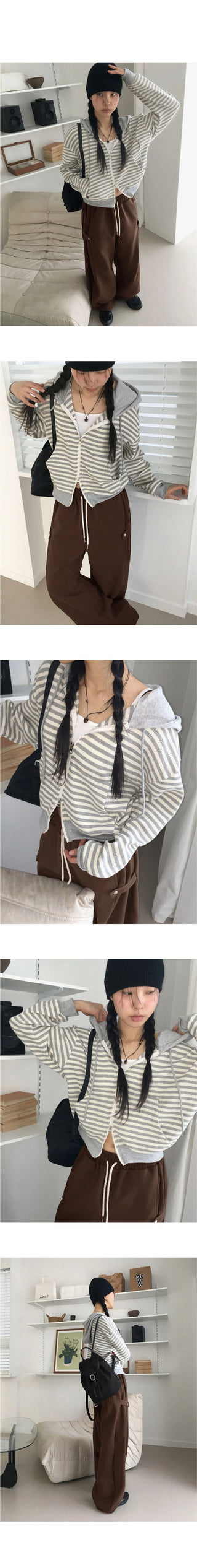 Ternet color striped two-way waffle hood zip-up