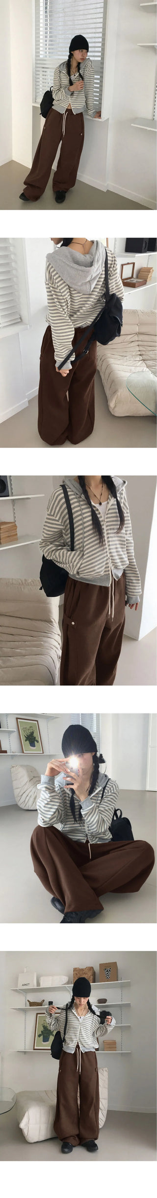 Ternet color striped two-way waffle hood zip-up