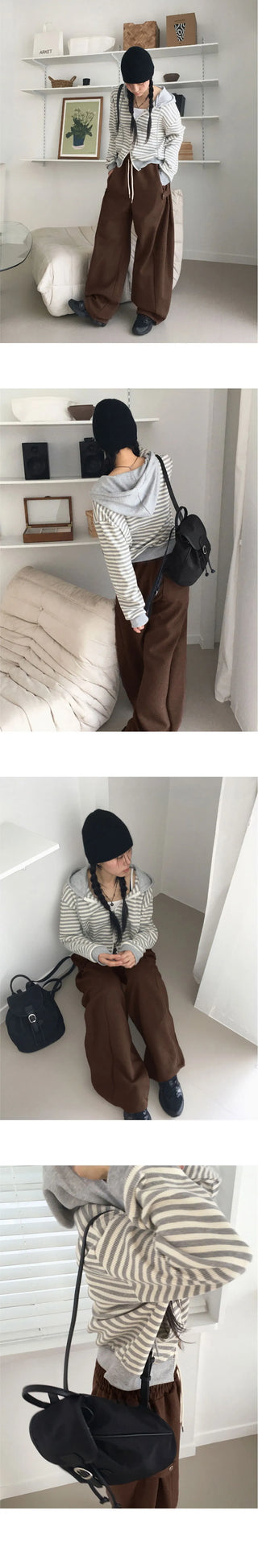 Ternet color striped two-way waffle hood zip-up