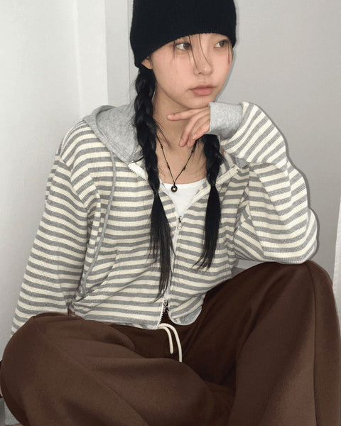 Ternet color striped two-way waffle hood zip-up