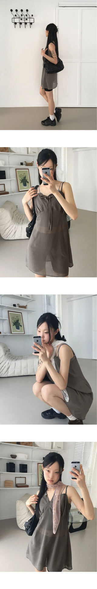 Hepple see-through slit ribbon strap adjustment layered sleeveless mini Dress