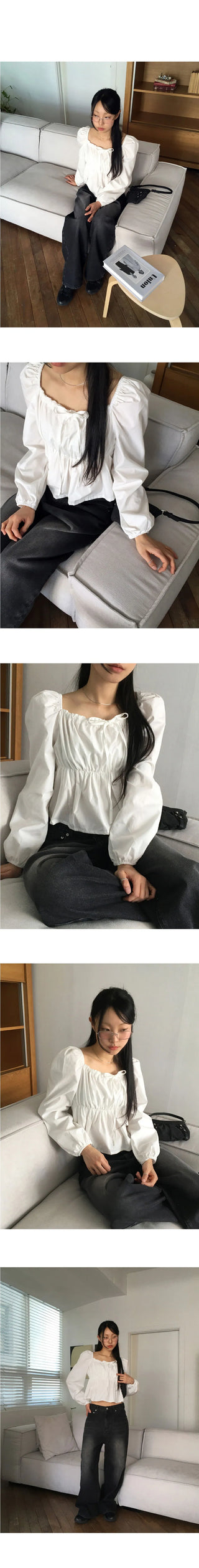 Russon puff ribbon shirring square neck long sleeve blouse