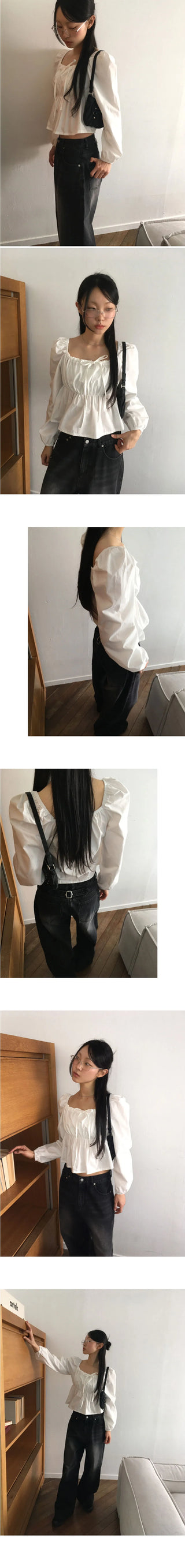 Russon puff ribbon shirring square neck long sleeve blouse