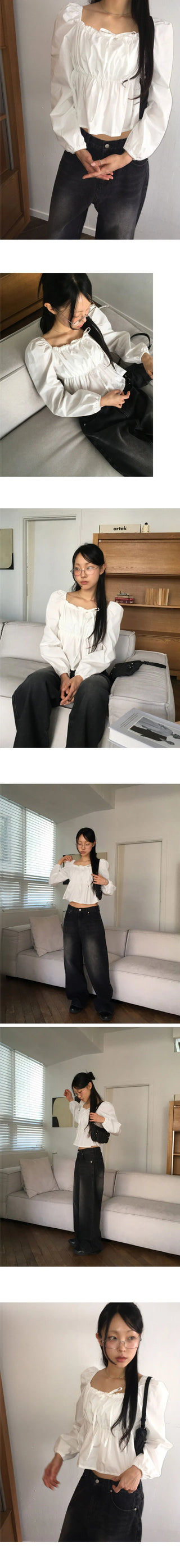 Russon puff ribbon shirring square neck long sleeve blouse