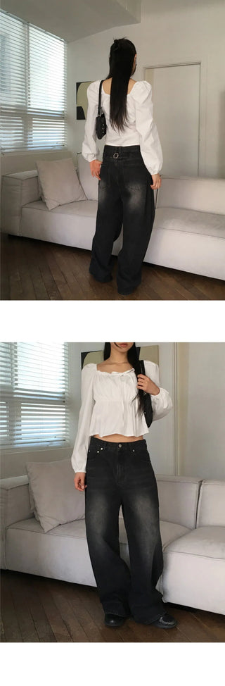 Russon puff ribbon shirring square neck long sleeve blouse