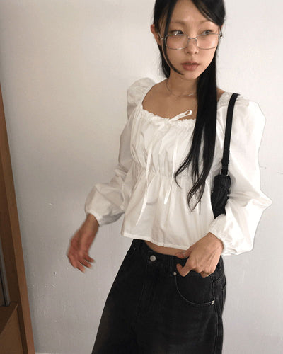 Russon puff ribbon shirring square neck long sleeve blouse
